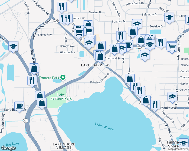 map of restaurants, bars, coffee shops, grocery stores, and more near 1810 Lee Road in Orlando