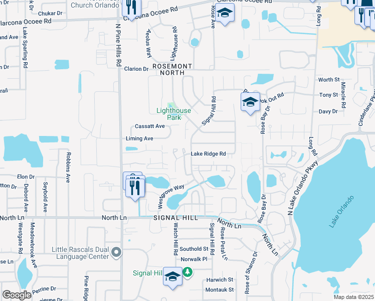 map of restaurants, bars, coffee shops, grocery stores, and more near 4949 Signal Hill Road in Orlando