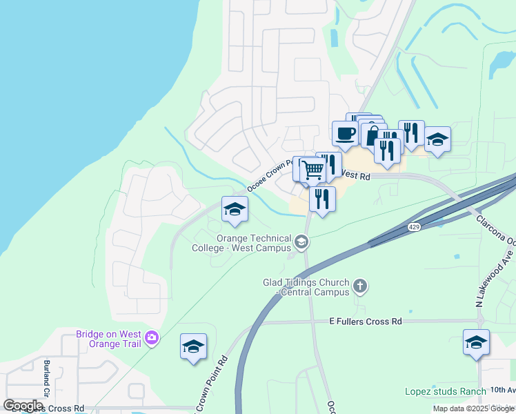 map of restaurants, bars, coffee shops, grocery stores, and more near 1925 Ocoee Crown Point Parkway in Ocoee