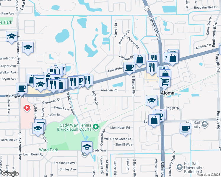 map of restaurants, bars, coffee shops, grocery stores, and more near 420 Carvell Drive in Winter Park