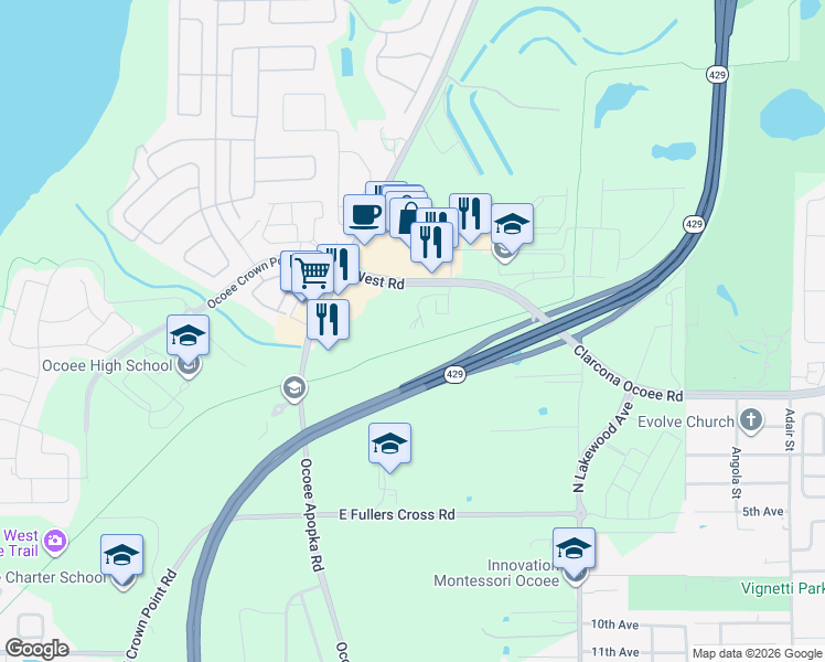 map of restaurants, bars, coffee shops, grocery stores, and more near 2100 West Road in Apopka