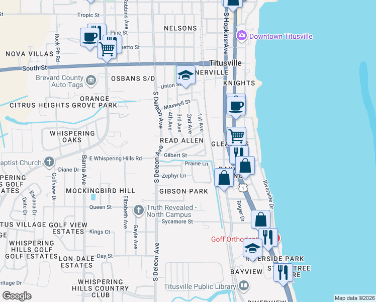 map of restaurants, bars, coffee shops, grocery stores, and more near 601 Lucky Street in Titusville
