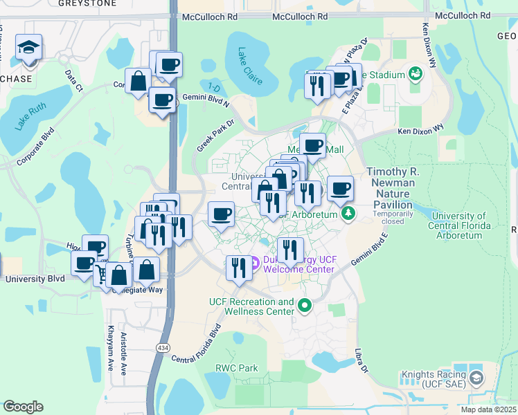 map of restaurants, bars, coffee shops, grocery stores, and more near 19 Mercury Circle in Orlando