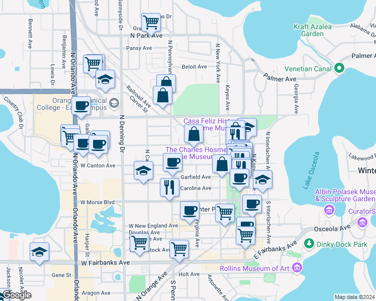 map of restaurants, bars, coffee shops, grocery stores, and more near 434 West Swoope Avenue in Winter Park