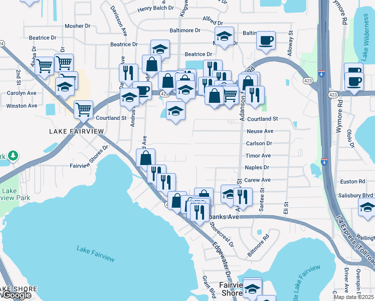map of restaurants, bars, coffee shops, grocery stores, and more near 1136 Carlson Drive in Orlando