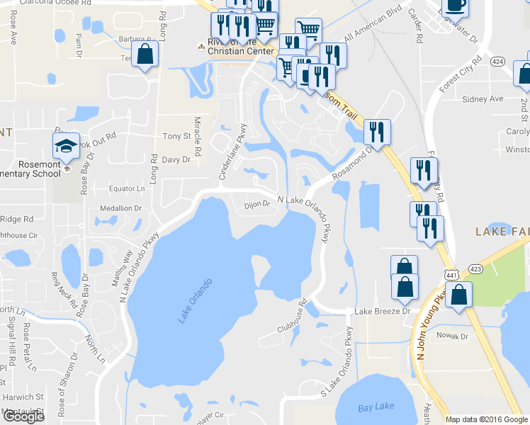 map of restaurants, bars, coffee shops, grocery stores, and more near 4118 Dijon Drive in Orlando