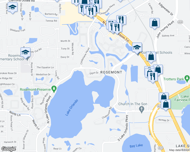 map of restaurants, bars, coffee shops, grocery stores, and more near 4118 Dijon Drive in Orlando