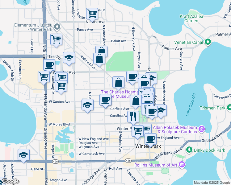 map of restaurants, bars, coffee shops, grocery stores, and more near 434 West Swoope Avenue in Winter Park