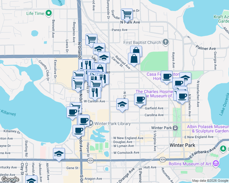 map of restaurants, bars, coffee shops, grocery stores, and more near 841 West Swoope Avenue in Winter Park