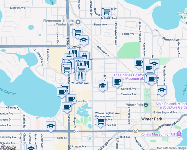 map of restaurants, bars, coffee shops, grocery stores, and more near 510 North Orlando Avenue in Winter Park