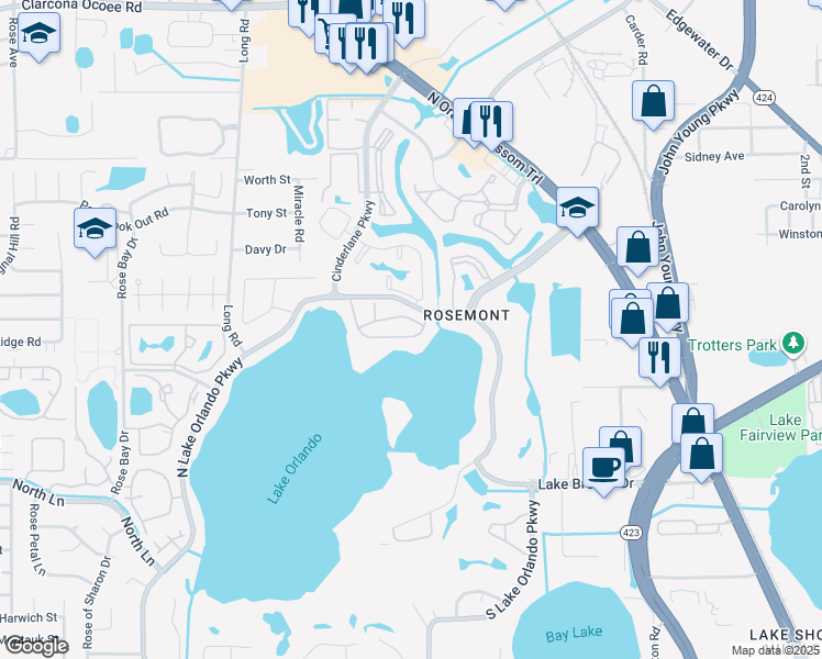 map of restaurants, bars, coffee shops, grocery stores, and more near 3918 Versailles Drive in Orlando