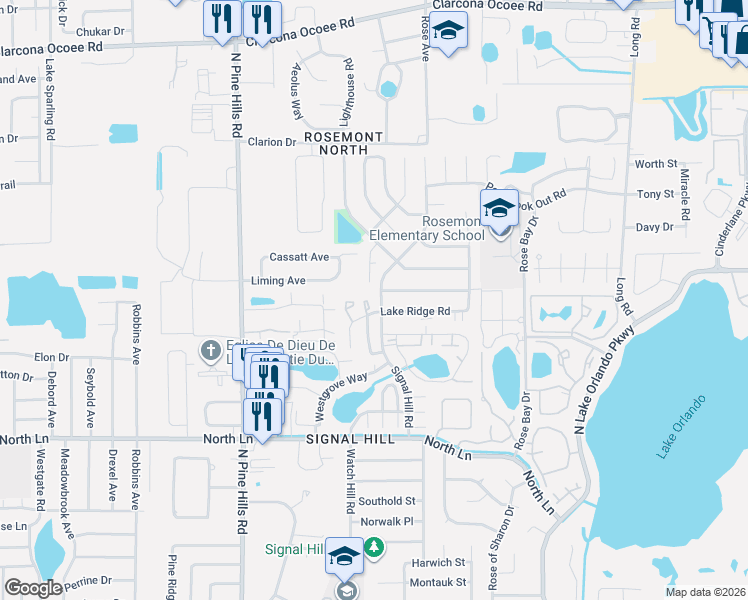 map of restaurants, bars, coffee shops, grocery stores, and more near 4949 Signal Hill Road in Orlando