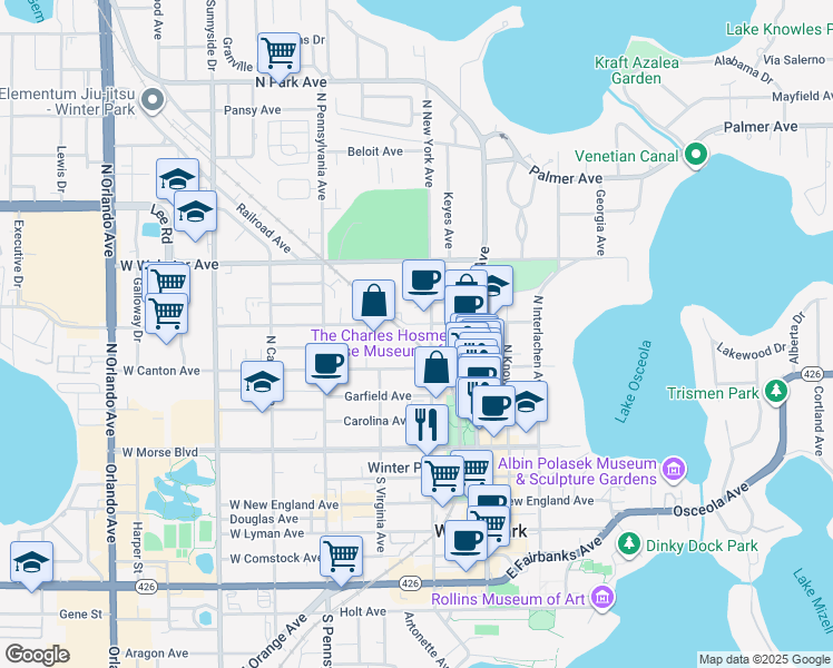 map of restaurants, bars, coffee shops, grocery stores, and more near 507 North New York Avenue in Winter Park