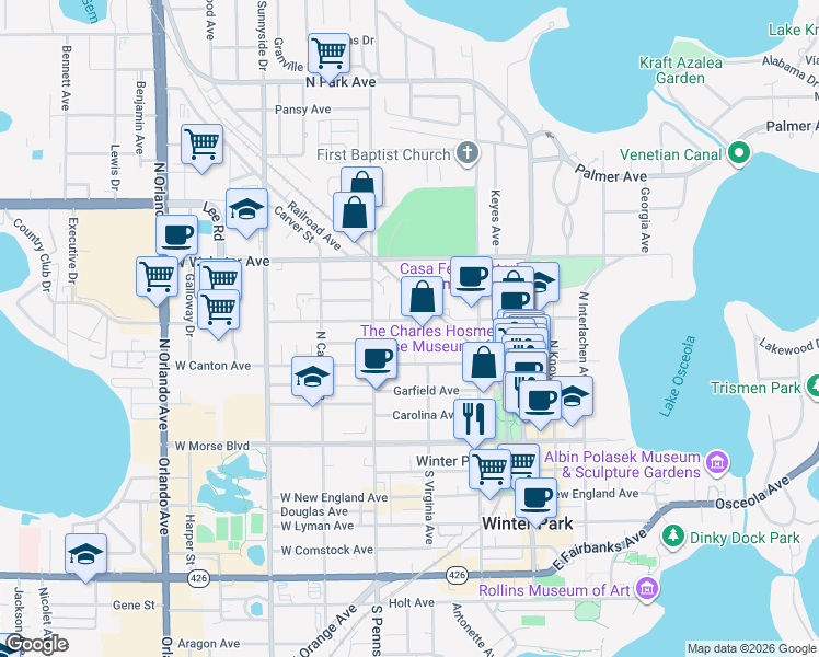 map of restaurants, bars, coffee shops, grocery stores, and more near 434 West Swoope Avenue in Winter Park