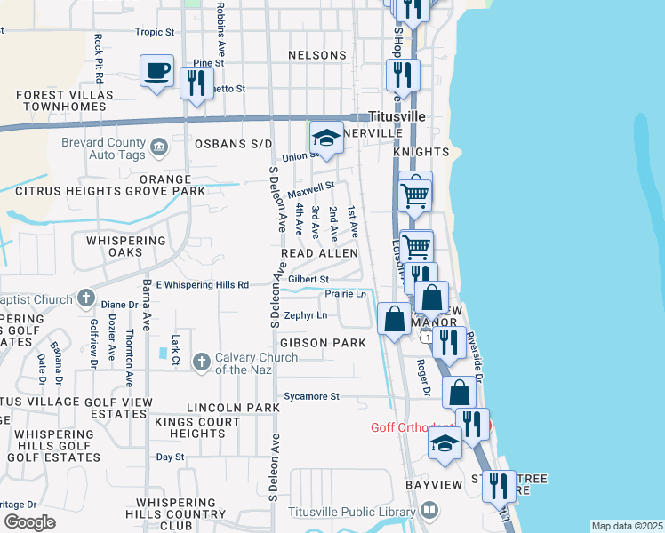 map of restaurants, bars, coffee shops, grocery stores, and more near 730 Lucky Street in Titusville