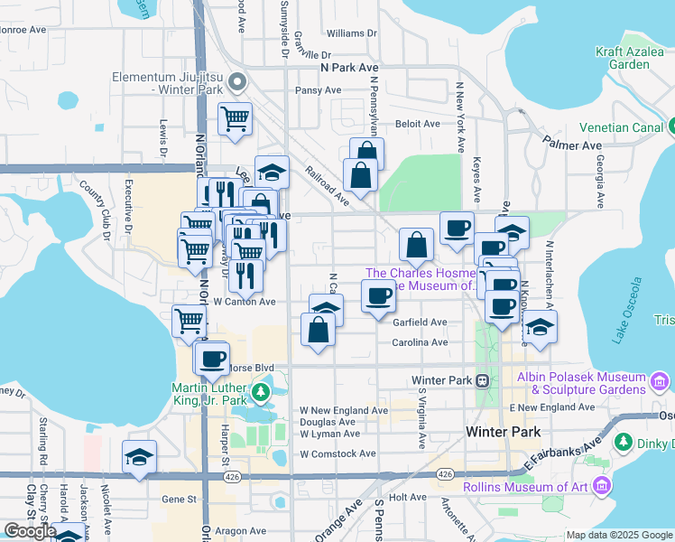 map of restaurants, bars, coffee shops, grocery stores, and more near 701 West Swoope Avenue in Winter Park
