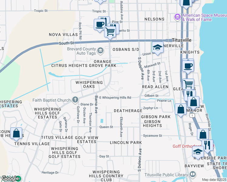map of restaurants, bars, coffee shops, grocery stores, and more near 1105 South Park Avenue in Titusville