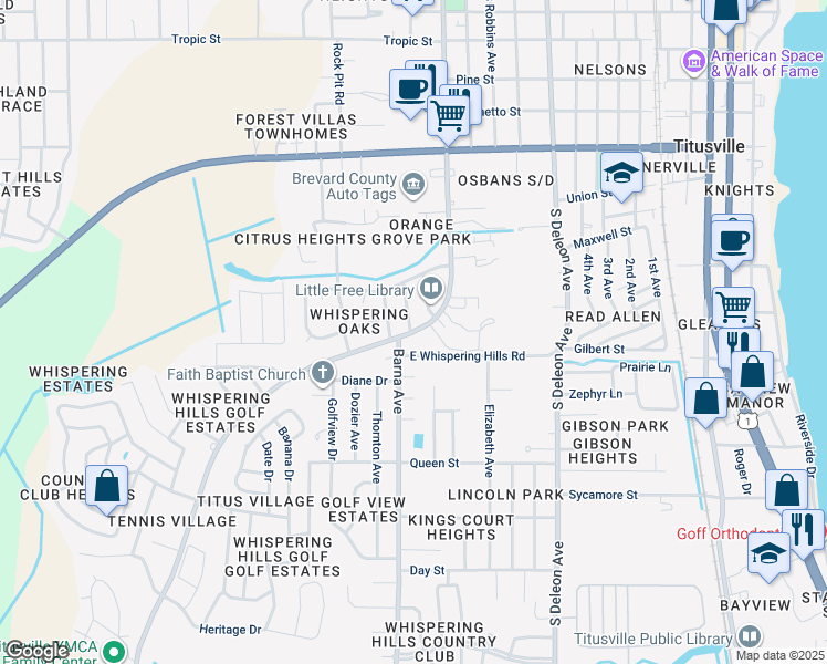 map of restaurants, bars, coffee shops, grocery stores, and more near 1041 Tudor Lane in Titusville