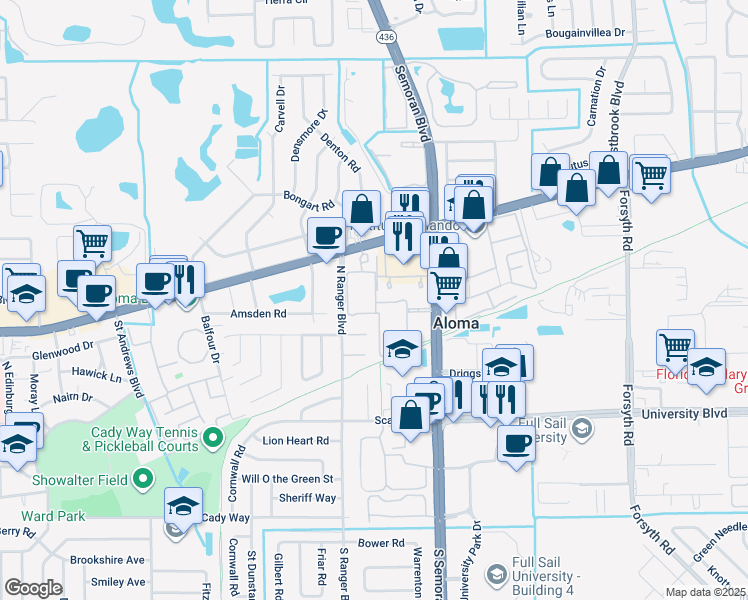 map of restaurants, bars, coffee shops, grocery stores, and more near 401 Jamestown Drive in Winter Park