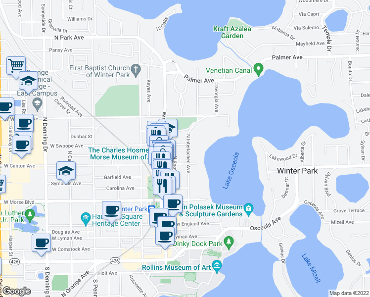 map of restaurants, bars, coffee shops, grocery stores, and more near 200 East Swoope Avenue in Winter Park
