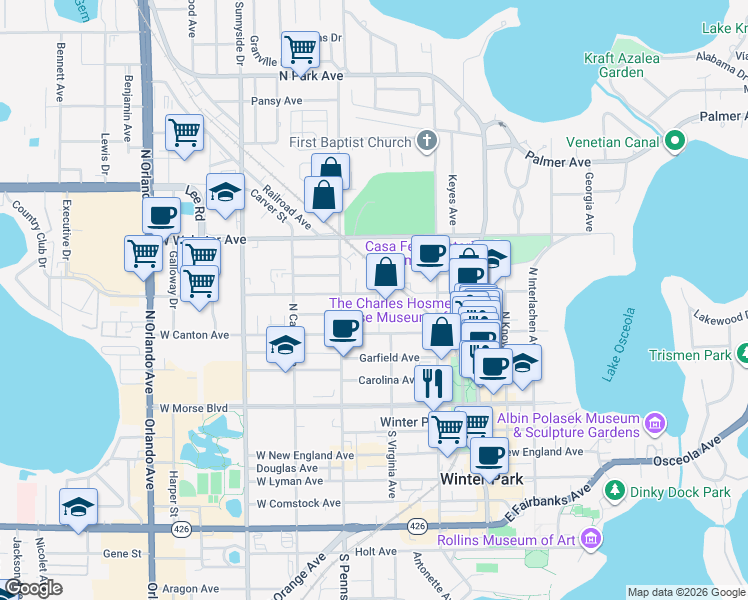 map of restaurants, bars, coffee shops, grocery stores, and more near 434 West Swoope Avenue in Winter Park