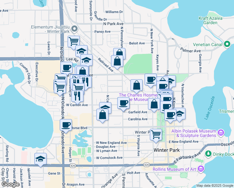 map of restaurants, bars, coffee shops, grocery stores, and more near 601 West Swoope Avenue in Winter Park