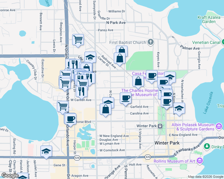 map of restaurants, bars, coffee shops, grocery stores, and more near 701 West Swoope Avenue in Winter Park