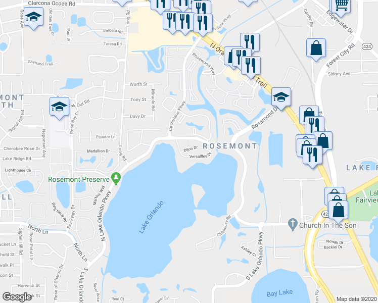 map of restaurants, bars, coffee shops, grocery stores, and more near 4118 Dijon Drive in Orlando