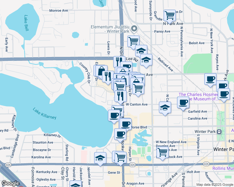 map of restaurants, bars, coffee shops, grocery stores, and more near 1406 Gay Road in Winter Park