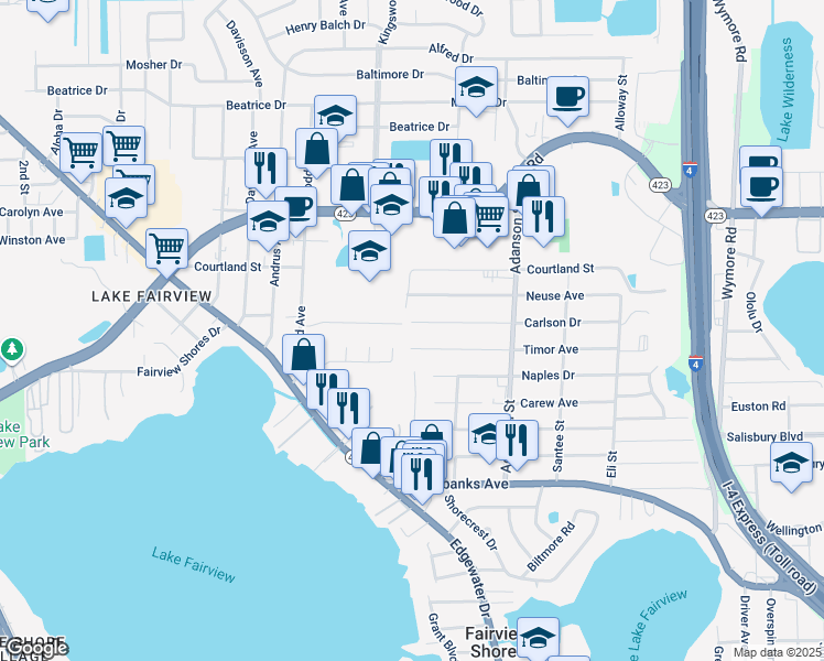 map of restaurants, bars, coffee shops, grocery stores, and more near 1136 Carlson Dr in Orlando