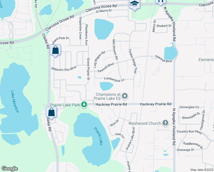 map of restaurants, bars, coffee shops, grocery stores, and more near 6747 Lumberjack Lane in Ocoee