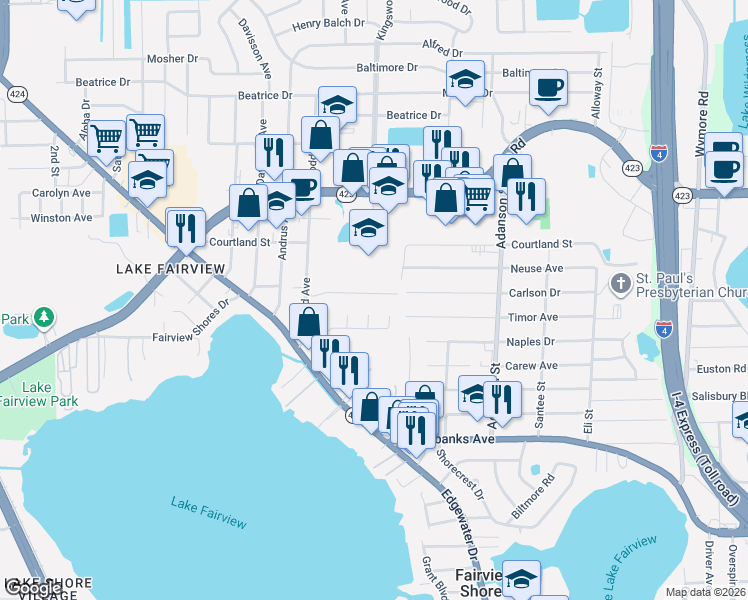 map of restaurants, bars, coffee shops, grocery stores, and more near 1310 Carlson Drive in Orlando