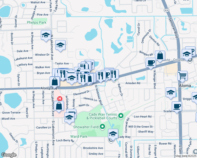 map of restaurants, bars, coffee shops, grocery stores, and more near 2431 Aloma Avenue in Winter Park