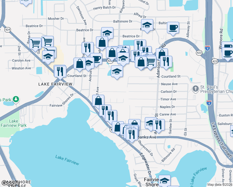 map of restaurants, bars, coffee shops, grocery stores, and more near 1310 Carlson Drive in Orlando