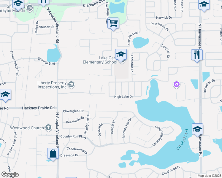 map of restaurants, bars, coffee shops, grocery stores, and more near 7384 High Lake Drive in Orlando