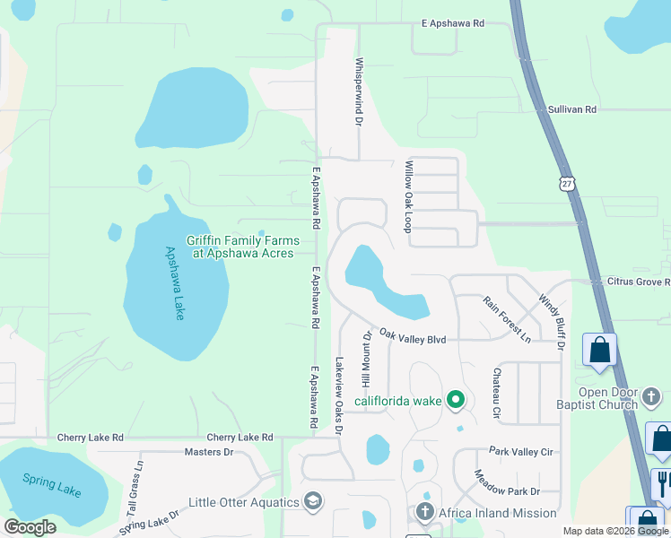 map of restaurants, bars, coffee shops, grocery stores, and more near 1446 Oak Valley Boulevard in Minneola