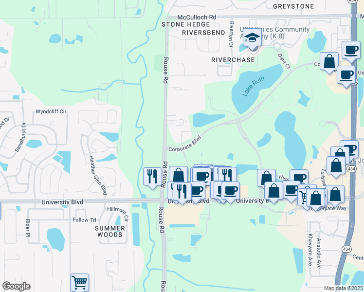 map of restaurants, bars, coffee shops, grocery stores, and more near 11301 Corporate Boulevard in Orlando