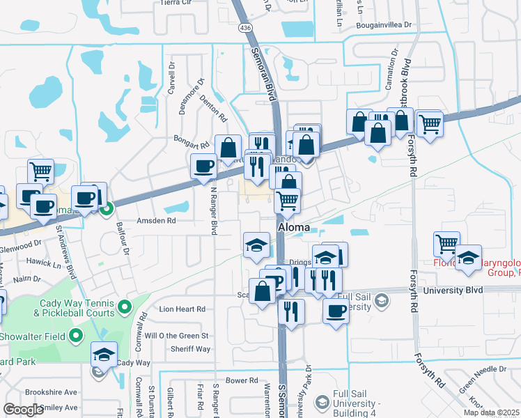map of restaurants, bars, coffee shops, grocery stores, and more near 3040 Aloma Avenue in Winter Park