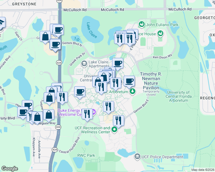 map of restaurants, bars, coffee shops, grocery stores, and more near 12715 Pegasus Drive in Orlando