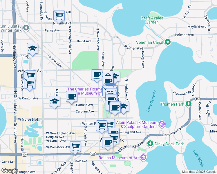 map of restaurants, bars, coffee shops, grocery stores, and more near 525 North Park Avenue in Winter Park