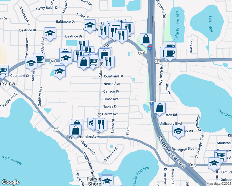 map of restaurants, bars, coffee shops, grocery stores, and more near 766 Carlson Drive in Orlando