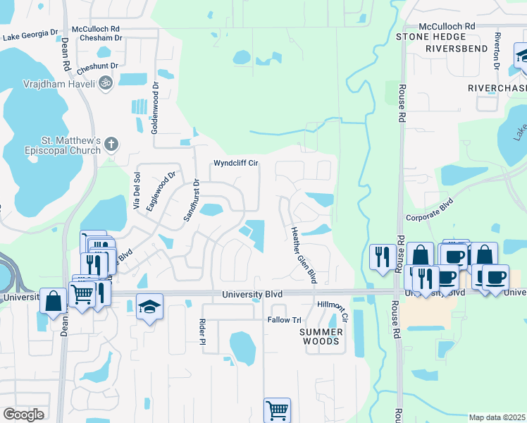 map of restaurants, bars, coffee shops, grocery stores, and more near 4325 Wyndcliff Circle in Orlando