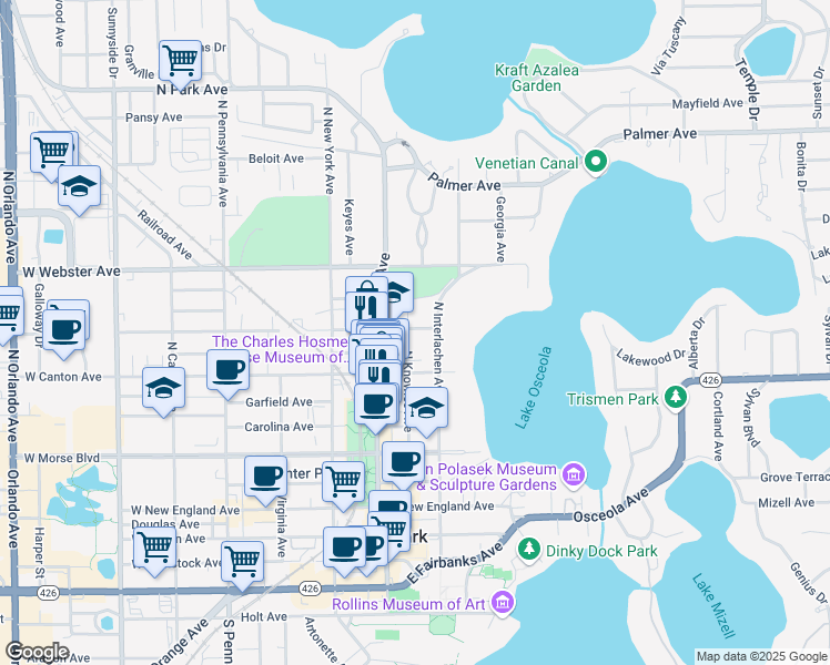 map of restaurants, bars, coffee shops, grocery stores, and more near 200 East Swoope Avenue in Winter Park