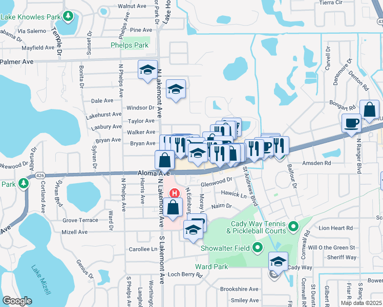 map of restaurants, bars, coffee shops, grocery stores, and more near 2019 Edwin Boulevard in Winter Park