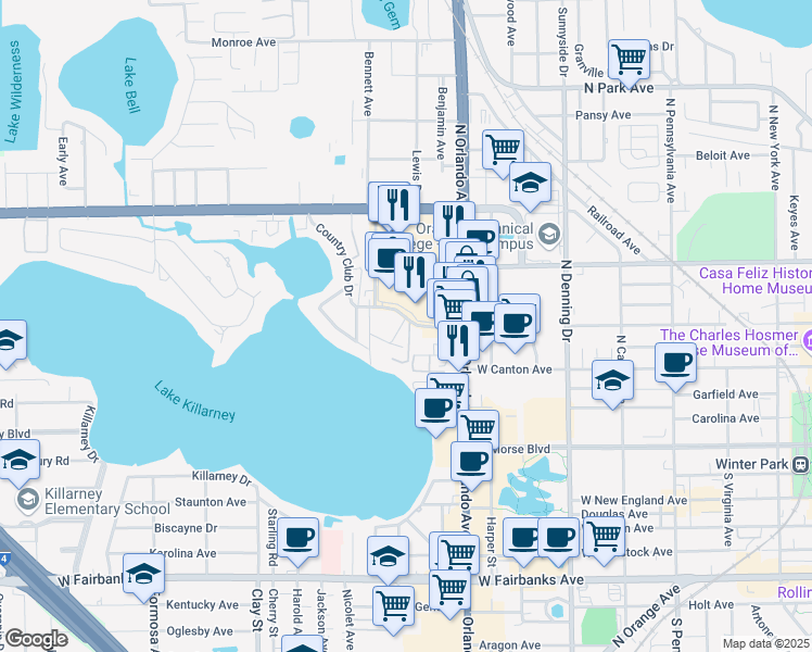 map of restaurants, bars, coffee shops, grocery stores, and more near 1500 Gay Road in Winter Park