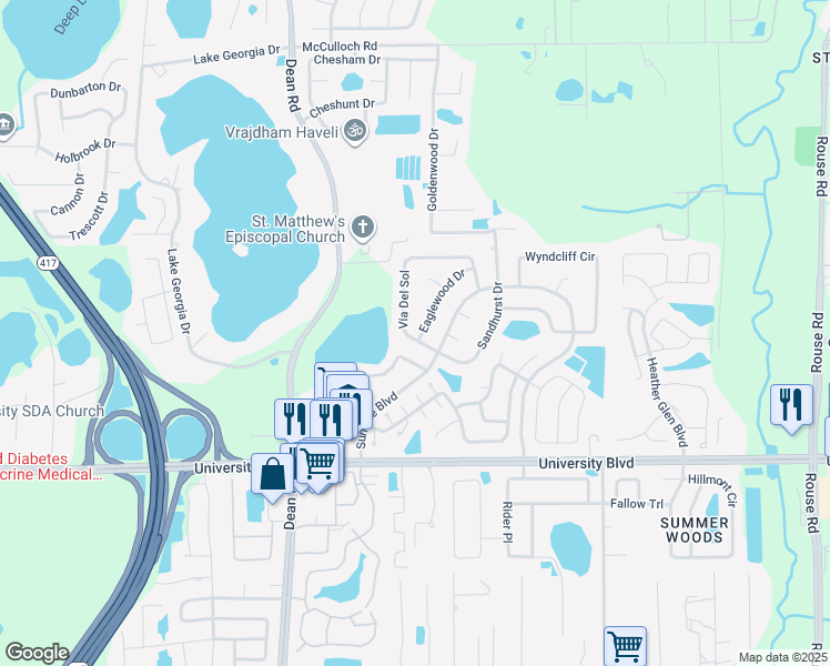 map of restaurants, bars, coffee shops, grocery stores, and more near 4600 Eaglewood Drive in Orlando