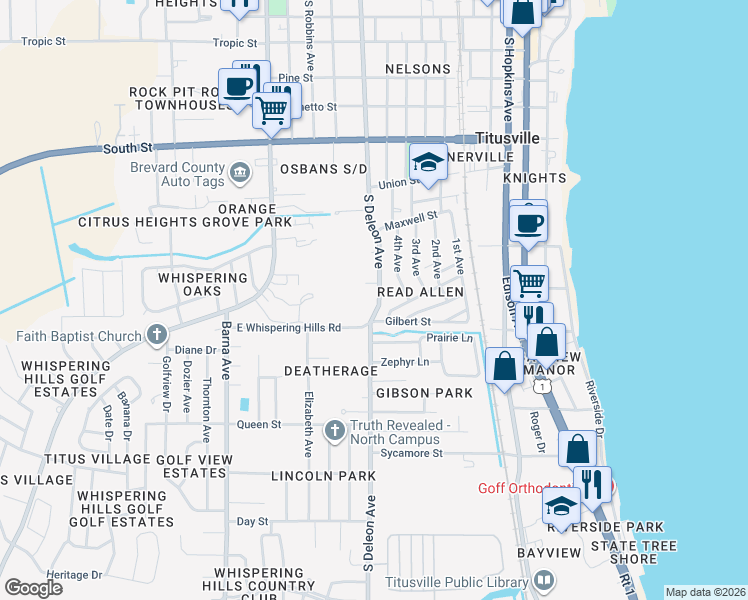 map of restaurants, bars, coffee shops, grocery stores, and more near 1158 South Deleon Avenue in Titusville
