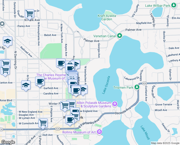 map of restaurants, bars, coffee shops, grocery stores, and more near 642 North Interlachen Avenue in Winter Park
