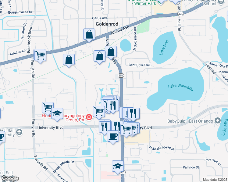 map of restaurants, bars, coffee shops, grocery stores, and more near 4314 Key Biscayne Lane in Winter Park