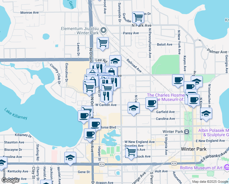 map of restaurants, bars, coffee shops, grocery stores, and more near 510 North Orlando Avenue in Winter Park